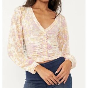 Free People Ruched Floral Long Sleeve V Neck Top Women's Small